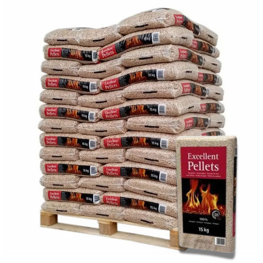 Palete de pellets de madeira Excelentes, 65 sacos de 15 kg – aquecimento biomassa